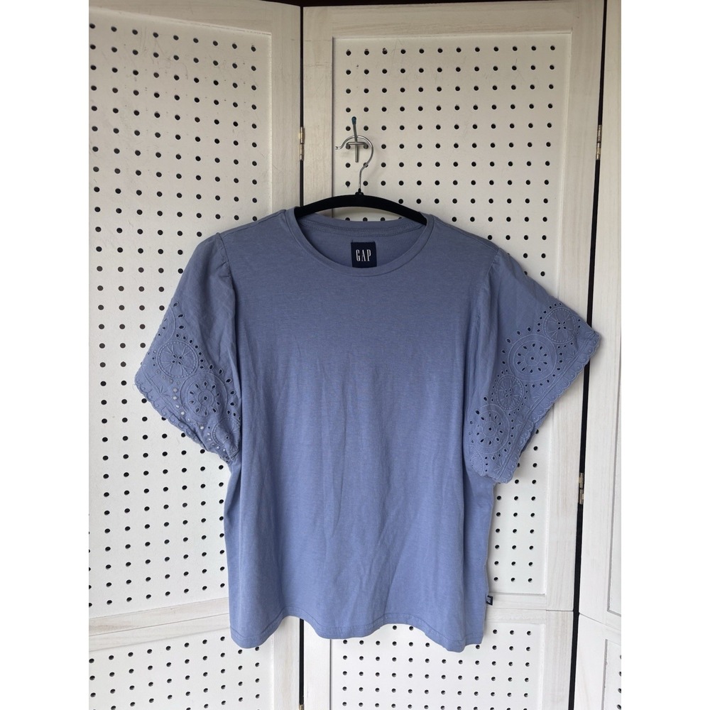 GAP Eyelet Crop Boxy T-Shirt Short Sleeve Blue Women's LG Cotton Modal